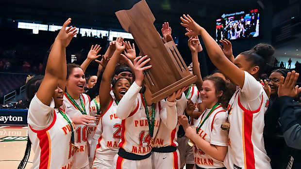 Purcell Marian celebrates winning the 2023 Division II state championship